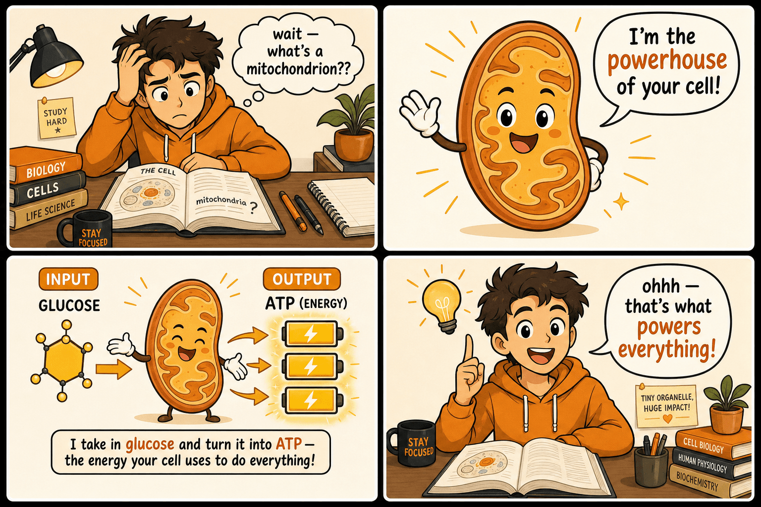 A four-panel educational comic generated by Clashly explaining biology (What does a mitochondrion actually DO?).